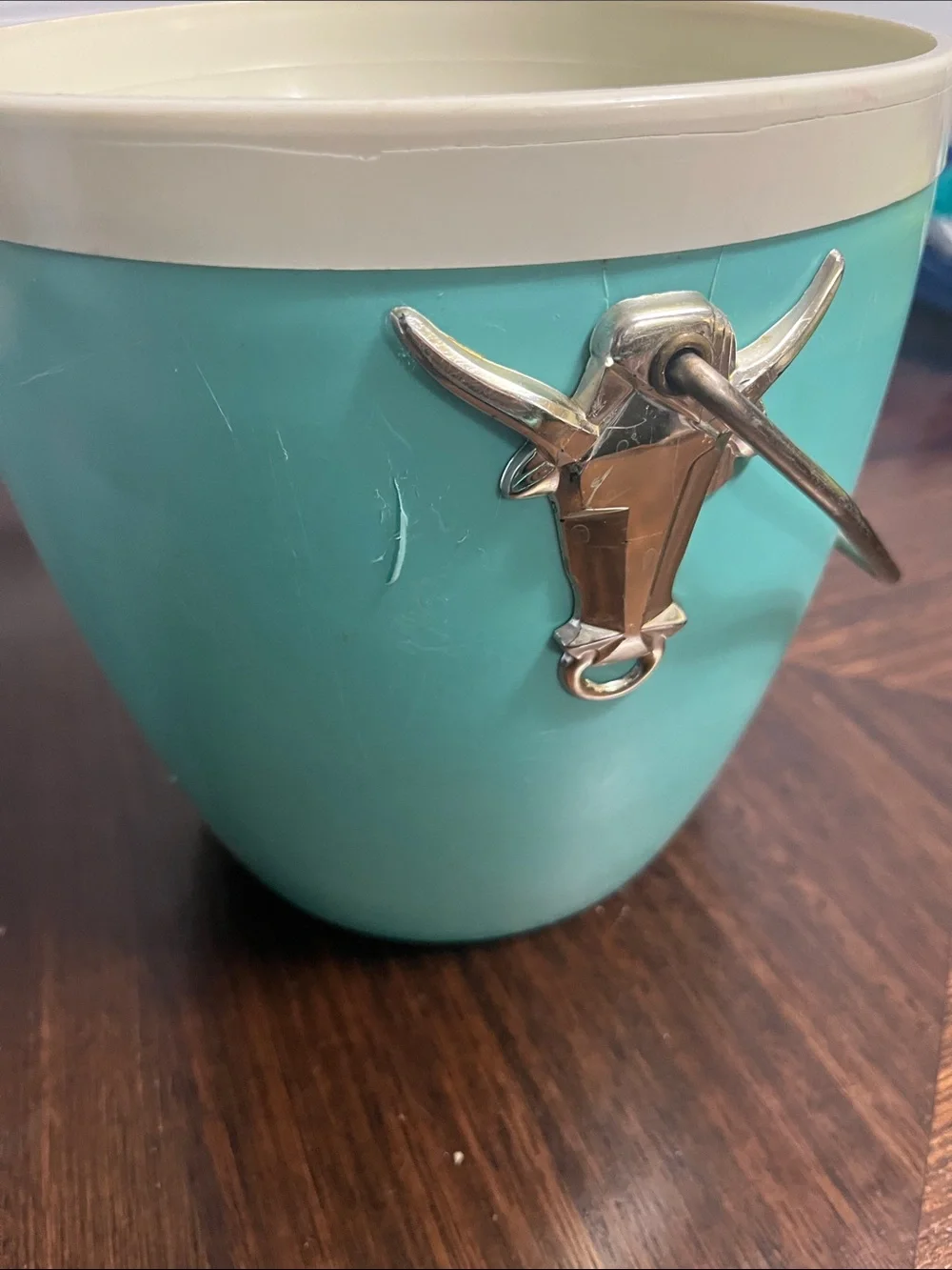 VINTAGE MCM Turquoise Ice Bucket with Gold Bull Tap and Cream Rim BAR KITCHEN